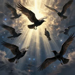 the wild black scavengers of the skies cathartes aura regnans by peter mohrbacher, rob gonsalves, cyril rolando, hugh kretschmer, cosmic, heavenly, god rays, intricate detail, cinematic, cel shaded, unreal engine, featured on artstation, pixiv