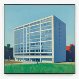 a beautiful painting of a building in a serene landscape by Andy Warhol