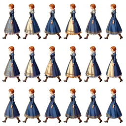 walking animation sprite sheet of a girl in a renaissance dress, walking to the right, each sprite is a different frame of the animation, in the style of final fantasy games, side view of her taking steps, accurate walk cycle, walk cycle, walk cycle