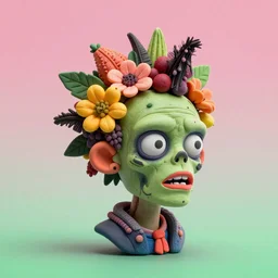 portrait headshot of a zombie punk, head made of fruit and flowers in the style of arcimboldo, photorealistic, dynamic lighting, action figure, clay sculpture, claymation, pink and green gradient background, trending on artstation