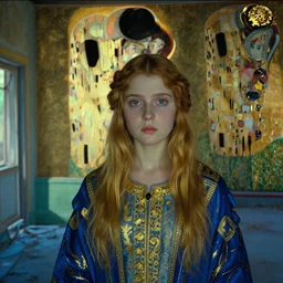 close up of a girl in a blue and gold haunted liminal abandoned room, film still by edward hopper, by Pontormo, by klimt, art noveau, highly detailed, strong lights, liminal, eerie, Bright pastel colors, Byzantine icon