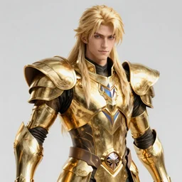 a man wearing golden armor, blonde, long hair, pixiv, hyperrealistic