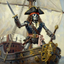 a robot pirate, the robot is captain of a ship, on the bow, with a pirate hat and a sword in his hand. impressionist painting, long shot, thin strokes
