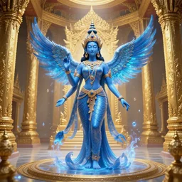 a blue hindu goddess angel entity in a golden hyperspace dmt room with thailand temple architecture
