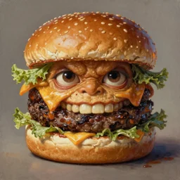 a monster with a hamburger head, hamburger face, burger with human eyes in top bun, burger with a mouth, teeth between bread and patty, character concept art, fantasy, dnd, intricate, fantasy drawing, illustration, highly detailed, hyperrealistic, cgsociety, artstation, oil painting by greg rutkowski and david lynch