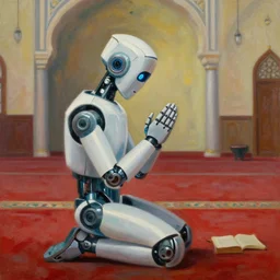 a robot praying in the mosque, oil painting, 8 k
