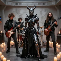 south african black metal band, guitarists, bassist, drummer, vocalist, all black cyberpunk clothes, robotic prosthetic limbs, dermal implants, cyborg satan, futuristic, realistic, promo photograph, epk, in a room full of candles, high quality, highly detailed