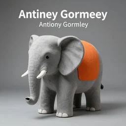 an armchair in the shape of an elephant with grey and orange accents designed by antony gormley, advertising photography