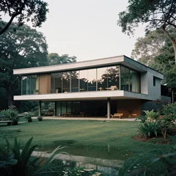 a beautiful contemporary masterpiece modern brutal house with large glass windows, surrounded by trees, near a lake in central india, by alex webb, by gregory crewdson, featured on architecture daily, shot on large format film, cinematic composition, beautiful lighting, no frames