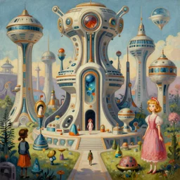 a beautiful painting of an elaborate utopian sci - fi scene painted by hr giger and bosch and lisa frank, mural in a busy museum, detailed, unreal engine, 4 k octane render, raytracing, volumetric lighting, epic, shadows, reflections, massive structures