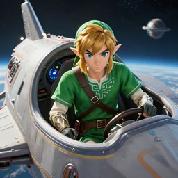 a hyper realistic render of link from the legend of zelda in a space ship