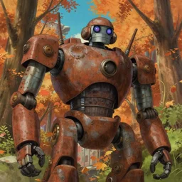 a low angle, from below, worms - eye - view film still of a big rusty dieselpunk robot sit in an autumn forest city, close up at the robot, trending on pixiv fanbox, painted by greg rutkowski makoto shinkai takashi takeuchi studio ghibli, aki