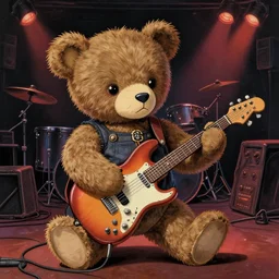 teddy bear at an english night club playing in a rock and roll band, darkly playful color scheme, intricate details, matte painting, illustration, by hayao miyazaki