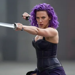 Scarlett Johansson in epic knife battle pose, cinematic, 4k, hyper realistic, super detailed, purple hair