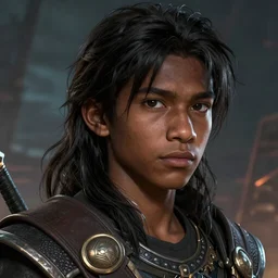 An epic fantasy comic book style portrait painting of a dark skinned long haired boy with intelligent eyes, unreal 5, DAZ, hyperrealistic, octane render, cosplay, RPG portrait, dynamic lighting