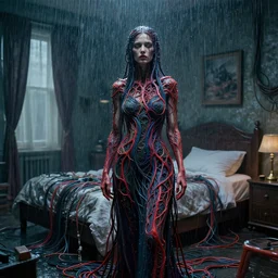 rgb, woman, room, rain!!!!, cinematic, movie scene, inspired by zdzislaw beksinski, clothes made out of veins,, cables everywhere, bedroom, ultra realistic, concept art, intricate details, highly detailed, photorealistic, octane render, 8 k
