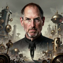 portrait of steve jobs floating in air like superman at the centre of the composition, steampunk landscape, illustration, high detail, artstation