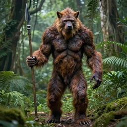 “tall Goblin Bigfoot human hyena hybrid with a hyena face and mange holding a spear, jungle background, sickly, realistic, nature photography”
