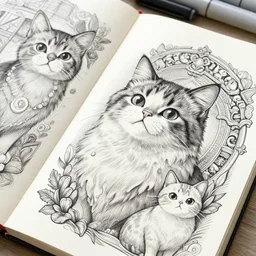 sketchbook pages marker cute cat characters, magnificent, close up, details, sharp focus, elegant, highly detailed, illustration, by jordan grimmer and greg rutkowski, intricate, beautiful, trending artstation, pixiv, digital art