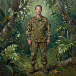 frazetta zuckerberg  in army uniform full body panoramic portrait textured oil painting jungle background