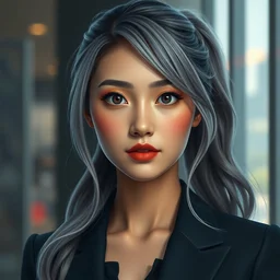 portrait painting of a 3 0 year old kind pretty female business woman, big eyes, deep silhouette ， looks like mona lisa ， silver ponytail hair, amiable by yangjun chen ，, nadar, bright colors, octopath traveler, unreal engine 5 highly rendered, global illumination, radiant light, detailed and intricate environment