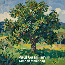 beautiful lush landscape with fruit tree by paul gauguin and simon stalenhag