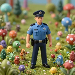 a realistic detailed police officer, microcop in the microworld, a stunning intriguing dense 3 d rendering, composed of tiny colorful details, creatures and plants, hyperdetailed, contemporary masterpiece, microworld, deep focus, striking