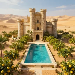 adobe castle with rectangle pool surrounded by lemon trees in the desert, game of thrones, volumetric lighting, fantasy artwork, very beautiful scenery, very realistic painting effect, hd, hdr, cinematic 4 k wallpaper, 8 k, ultra detailed, high resolution, artstation