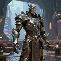 realistic ancient celtic god obsidian metal armor in space ship from overwatch and oblivion movie, by wlop by jungyeonmin and james jean jhonseru jsezz artstation and greg rutkowski, with some wood and gold details, biomechanical, lens orbs, global illumination, with a window overlooking a cyberpunk metropolis, lounge, architectural, volumetric lighting, granular detail, japandi, hyperreal, micro details, blender, vray