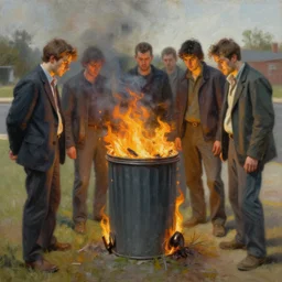 people staring into a burning trashcan, an ultrafine detailed painting by john philip falter, austin briggs, cg society, american scene painting, dystopian art, american realism, academic art