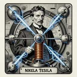 majestic futuristic visionary inventor nikola tesla tarot crad by sachin teng, artgerm, darius zawadzki, masterpiece, organic painting, matte painting, technical geometrical drawing shapes, lightning electricity coil, hard edges, graffiti, screen printing poster art by sachin teng, artstation trending