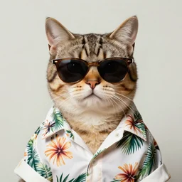 portrait of a cat with sunglasses wearing an hawaiian shirt, by louis wain, simon stalenhag, trending on artstation