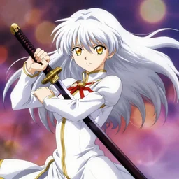 renaissance anime brave elf girl with white skin, katana in hand, wide golden eyes, hair blowing the wind, strong pose, trending art, fashion photography, centered, fate zero, extremely high detailed face, bokeh color background, takashi takeuchi makoto shinkai, wlop