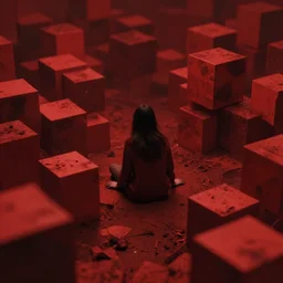 loneliness and fear in a red future cubes reverberation limbo abstract dark highly detailed