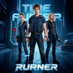 a movie poster of the sci - fi movie time runner ( 2 0 1 8 ), starring a black haired woman in a tank top, very detailed face, robots, clouds, mystery