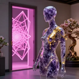 beautiful mannequin sculpted out of amethyst by billelis + lit with geometric neon dripping gold + kintsugi, facing a doorway opening with neon pink geometric fractal light + flowering bonsai trees + lighting in background!!, clean linework, dramatic, finely detailed, award winning, 4 k, trending on artstation, photorealistic, volumetric lighting, octane render