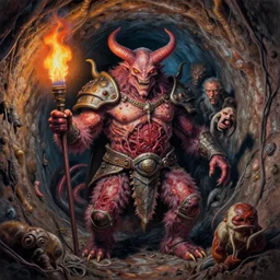airbrush drawing macro packed with filth, sewer tunnel baphomet orcus hairy cyclops hybrid, full bodied premiered, random animal | viscera as god |, carapace armor, claustrophobically crowded into a deep in sewer tunnel, chris foss, enric torres, wayne d barlowe, geof darrow, alberto bontempi, feng zu hyper realism, torch