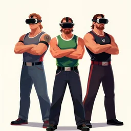wwe wrestler characters shrugging with their arms wearing vr goggles, gta cover, apex legends trending on artstation, digital illustration