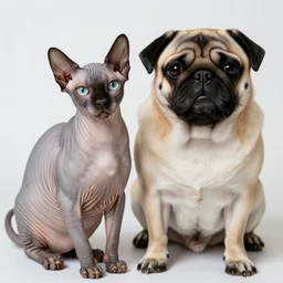 a wrinkled hairless sphynx cat and a pug are buddies, 8k photography