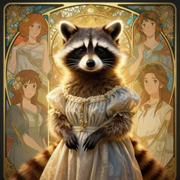 highly detailed portrait of anthropomorphic raccoon wearing a dress, stephen bliss, unreal engine, fantasy art by greg rutkowski, art nouveau, loish, rhads, ferdinand knab, makoto shinkai and lois van baarle, ilya kuvshinov, rossdraws, tom bagshaw, alphonse mucha, global illumination, radiant light, detailed and intricate environment