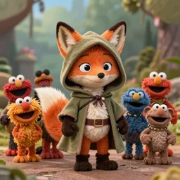 a chibi foxfolk muppet druid wearing a hooded cloak with a small herd of random muppet animals following behind, sesame street, photograph, photography, ultrarealistic, national geographic