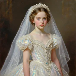 realistic oil painting of young 1 8 - year old winona ryder or natalie portman wearing an iridescent wedding dress covered in pearls, highly detailed, intricate,, elegant, digital painting, smooth, sharp focus, illustration, ultra realistic, 8 k, by bouguereau, alphonse mucha, artgerm, and donato giancola