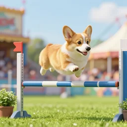 corgi, in flight, hurdle, magical, afternoon, grass, fun fair, 4 k, award winning, high quality, greg rutkowski