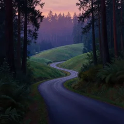 a road weaving through rolling hills from the edge of a fantasy redwood forest at dusk. perspective landscape fantasy. high contrast, strong shadows. deep colorful soft gradients, and translucence. by norman rockwell, johfra bosschart, and eyvind earle. artstation