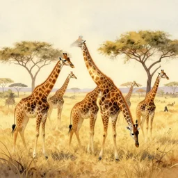 a herd of prehistoric giraffes grazing in a warm, sun - filled savannah at the golden hour, water color, art by artgerm and greg rutkowski and alphonse mucha and jin xiaodi and anthony devine