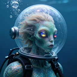 diving alien portrait by julie bell, fish skin, intricate biopunk patterns, ethereal hair, iridescent eyes, glass bubble helmet, escaping air bubbles, underwater, detailed!, very sharp!!!