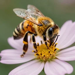 macro photo, 4k,  bee on a flower, cinematic lightning, realistic, super detailed