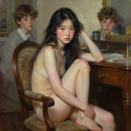 oil painting by ilya kuvshinov,, baugh casey, rhads, coby whitmore, of a youthful japanese beauty, long hair, sitting on antique chair leaning against a desk, victorian room, highly detailed, breathtaking face, studio photography, dawn, intense subsurface scattering, blush, supple look, innocence, soft spray