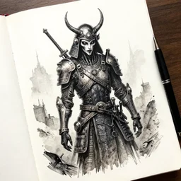beautiful aesthetic inspirational masterful professional ink pen and watercolor sketch of an occult mystical eerie satanic dieselpunk samurai in ww 1 verdun, fine details, trending on artstation, high quality paper
