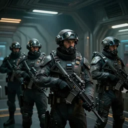 closeup of heavily armed guards in space uniforms patrolling the spaceship main hall, cyberpunk, moody, intense, luminescent, rule of thirds, fresh, golden ratio, ambient lighting, syd mead, greg rutkowski, wlop, artgerm, trending on artstation, highly detailed masterpiece